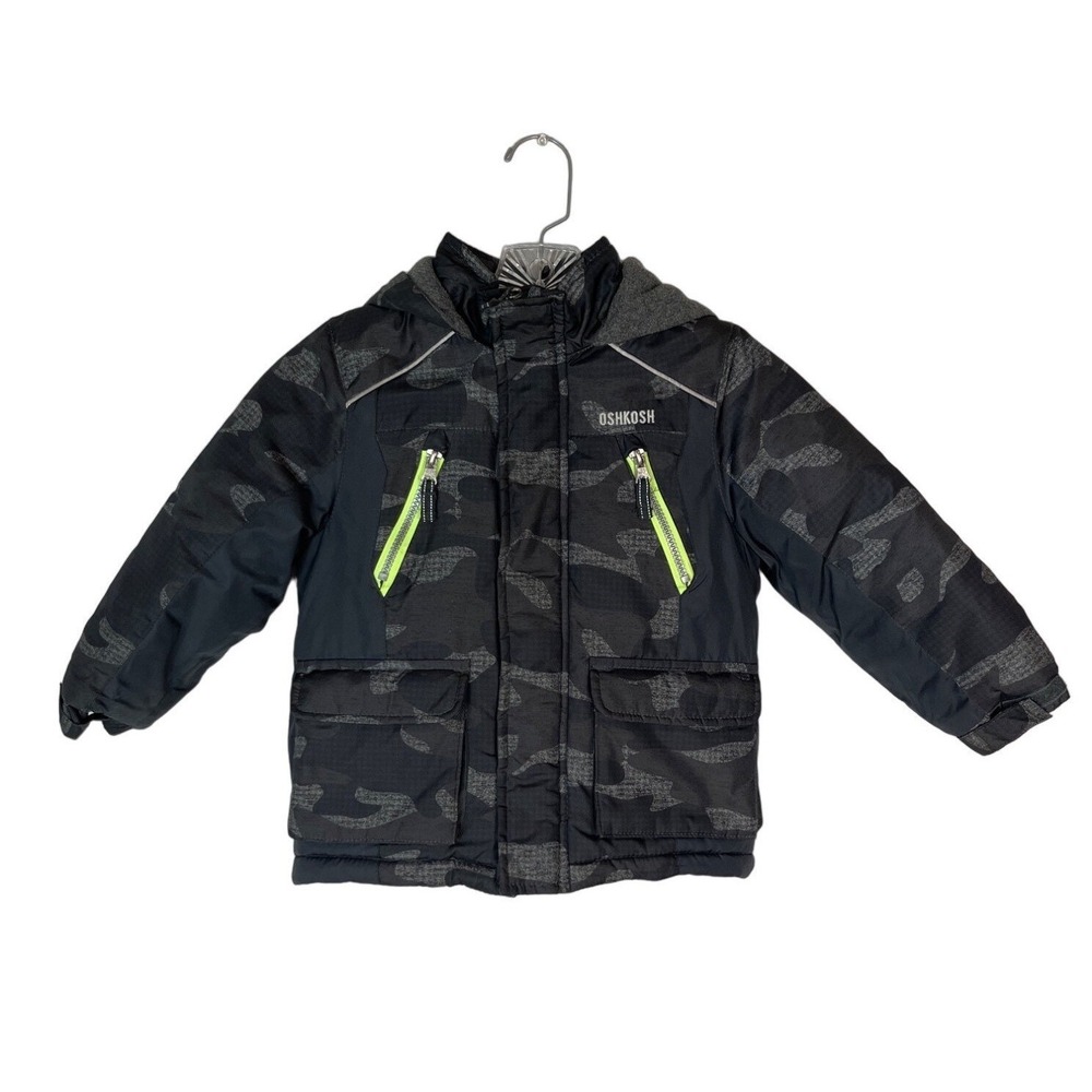 OshKosh B'gosh Camo Coat Boys 4 Black Gray Neon Fleece Lined Hooded Winter